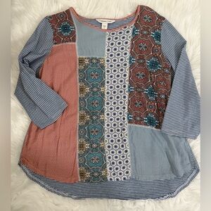 🎄Coldwater Creek Multicolor Patchwork 3/4 Sleeve Top